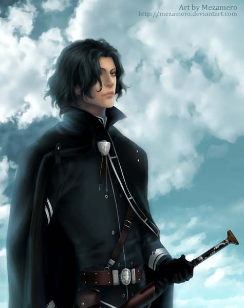 Anime picture 1678x2119 with last exile gonzo alex row mezamero single tall image fringe short hair black hair brown eyes sky cloud (clouds) hair over one eye realistic inscription military gloves uniform belt cape