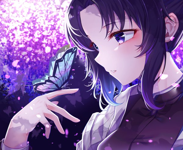 Anime picture 2714x2233 with kimetsu no yaiba ufotable kochou shinobu nyung single blush fringe highres short hair purple eyes payot purple hair upper body parted lips profile looking down butterfly on hand girl uniform petals