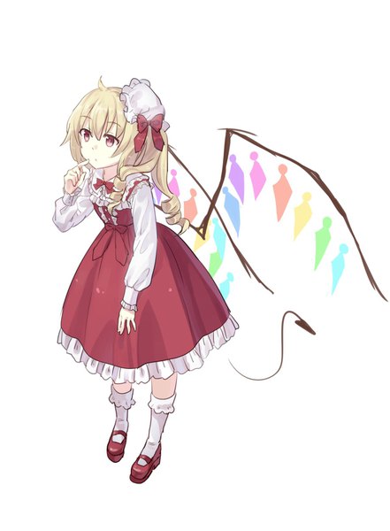 Anime picture 1200x1632 with touhou flandre scarlet shika lq single long hair tall image fringe simple background blonde hair hair between eyes red eyes standing white background looking away full body ahoge tail long sleeves drill hair finger to mouth