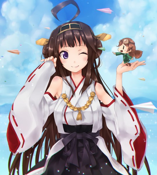 Anime picture 1200x1330 with kantai collection kongou battleship fairy (kantai collection) 2mota long hair tall image blush smile brown hair purple eyes multiple girls sky cloud (clouds) ahoge traditional clothes japanese clothes one eye closed wink hair bun (hair buns) goggles on head