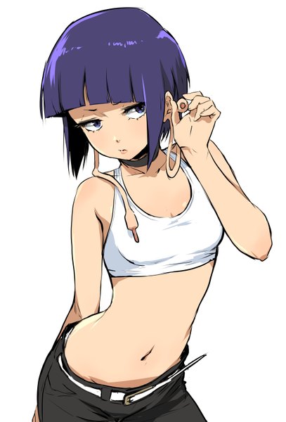Anime picture 2144x3156 with boku no hero academia studio bones jirou kyouka enami katsumi single tall image fringe highres short hair light erotic simple background white background purple eyes payot looking away purple hair blunt bangs from above bare belly arm behind back