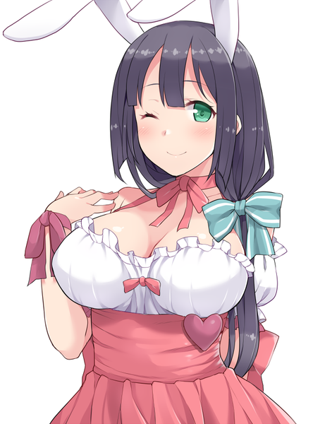 Anime picture 650x827 with di gi charat yuusha de aru yuuki yuuna wa yuusha de aru madhouse usada hikaru rabi en rose tougou mimori hasu (hk works) single long hair tall image looking at viewer blush fringe breasts light erotic black hair simple background smile large breasts