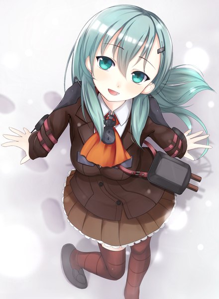 Anime picture 734x1000 with kantai collection suzuya heavy cruiser kirimoti34 single long hair tall image looking at viewer blush open mouth blue eyes blue hair girl thighhighs skirt jacket bag