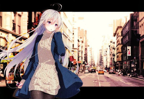 Anime picture 4866x3365 with original toosaka asagi single long hair fringe highres hair between eyes standing looking away absurdres silver hair ahoge pink eyes scan floating hair city adjusting hair letterboxed street girl