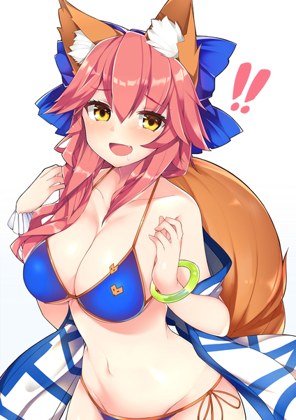 Anime picture 700x990 with fate (series) fate/grand order tamamo (fate) (all) tamamo no mae (swimsuit lancer) (fate) haruyuki (yukichasoba) single long hair tall image looking at viewer blush fringe breasts open mouth light erotic simple background smile hair between eyes large breasts white background bare shoulders