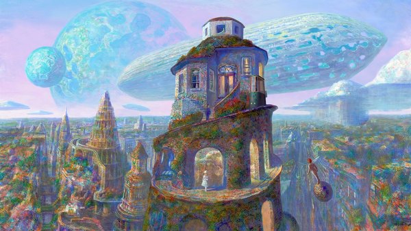 Anime picture 1920x1080 with iblard jikan highres wide image city cityscape fantasy screenshot girl dress hat wings window planet tower