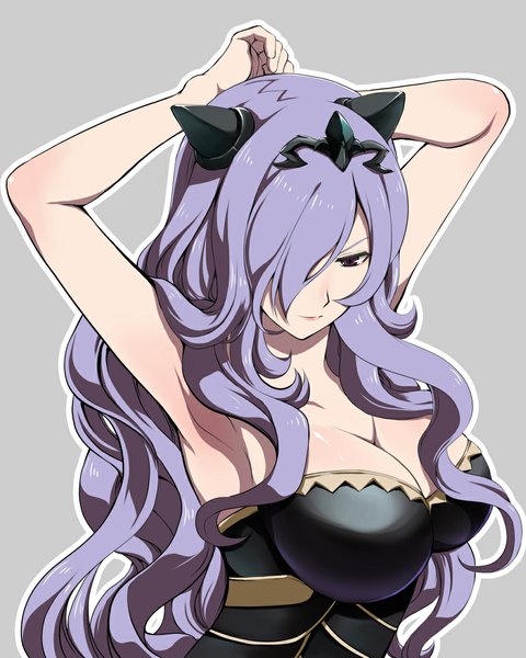 Anime picture 889x1111 with fire emblem fire emblem fates camilla (fire emblem) kero sweet single long hair tall image fringe breasts light erotic simple background smile large breasts purple eyes looking away cleavage purple hair upper body horn (horns) hair over one eye