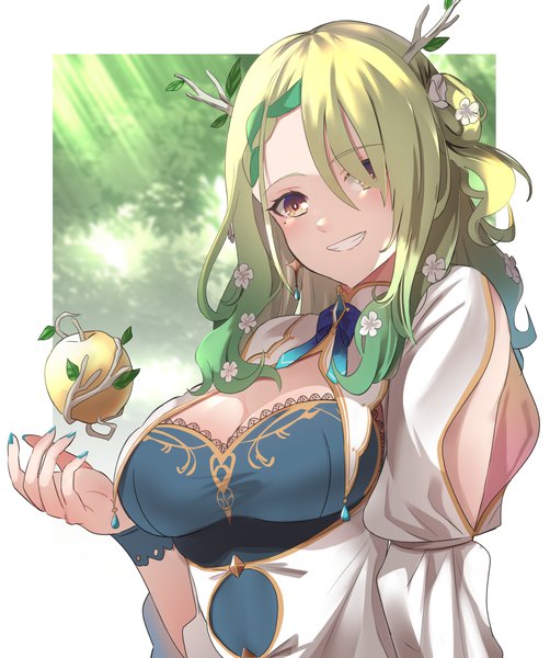 Anime picture 2322x2774 with virtual youtuber hololive hololive english ceres fauna ceres fauna (1st costume) daweykun single long hair tall image highres breasts smile large breasts yellow eyes cleavage upper body nail polish hair flower horn (horns) green hair