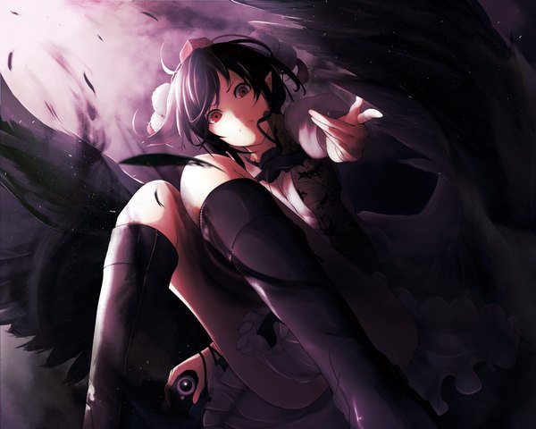 Anime picture 1500x1200 with touhou shameimaru aya yugeoryouki single short hair black hair red eyes pointy ears girl dress hat wings socks black socks camera