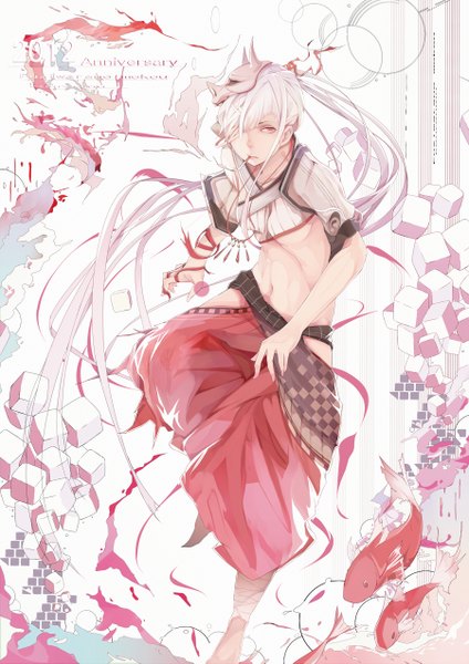 Anime picture 900x1273 with touhou fujiwara no mokou shisu (binzo3) single tall image fringe red eyes looking away white hair ponytail very long hair hair over one eye inscription alternate costume smoking mask on head girl navel mask fish (fishes)