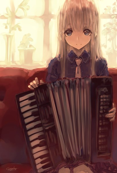 Anime picture 868x1289 with original garuku single long hair tall image looking at viewer blue eyes blonde hair smile signed girl skirt plant (plants) shirt necktie window couch musical instrument potted plant black shirt