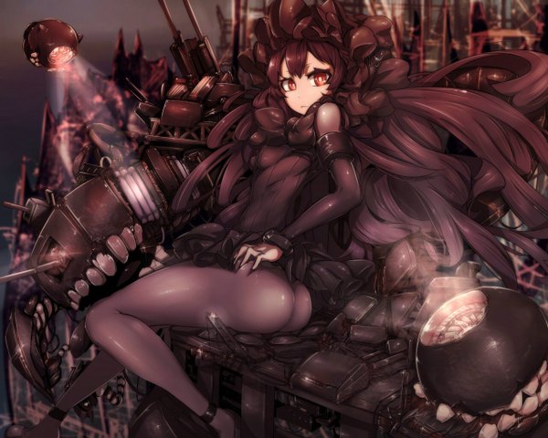Anime picture 1280x1024 with kantai collection isolated island hime onboro (clunker) single long hair looking at viewer light erotic black hair red eyes ass shinkaisei-kan girl dress weapon pantyhose black dress bonnet