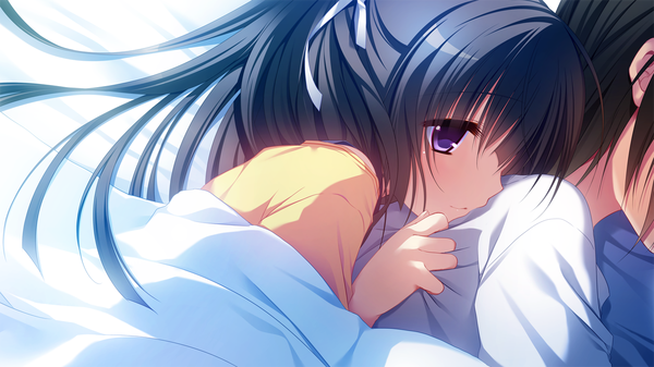 Anime picture 1280x720 with innocent girl nanami hinako nanaka mai long hair short hair black hair wide image purple eyes game cg couple girl boy