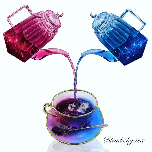 Anime picture 2048x2048 with original yasuta kaii32i highres simple background white background realistic text no people english transparent starry sky print pouring surreal space print still life cup drink glass teacup teapot