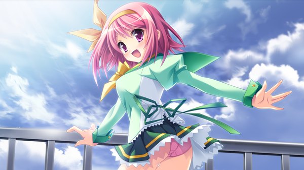 Anime picture 1280x720 with floating material (game) uesato himari satomi hinako short hair light erotic wide image purple eyes pink hair game cg pantyshot girl