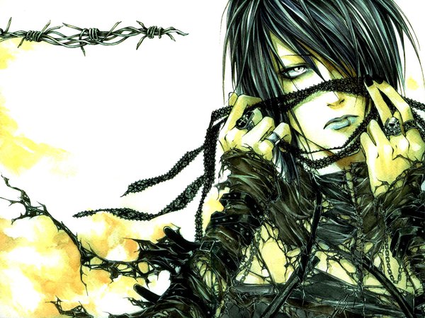 Anime picture 1600x1200 with nheira single fringe short hair black hair nail polish hair over one eye grey eyes piercing torn clothes boy chain jewelry ring wire (wires) lace barbed wire