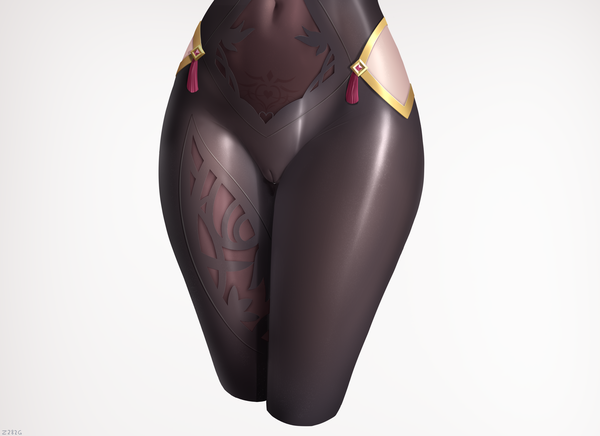 Anime picture 3000x2182 with genshin impact shenhe (genshin impact) z282g single highres light erotic simple background signed thighs gradient background covered navel cameltoe pussy juice close-up head out of frame shiny shiny clothes girl bodysuit