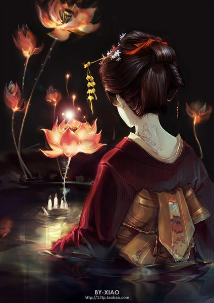 Anime picture 724x1024 with original furenxiao single long hair tall image black hair signed traditional clothes japanese clothes fingernails from behind tattoo long fingernails glow girl hair ornament flower (flowers) water yukata hairpin (hairpins)
