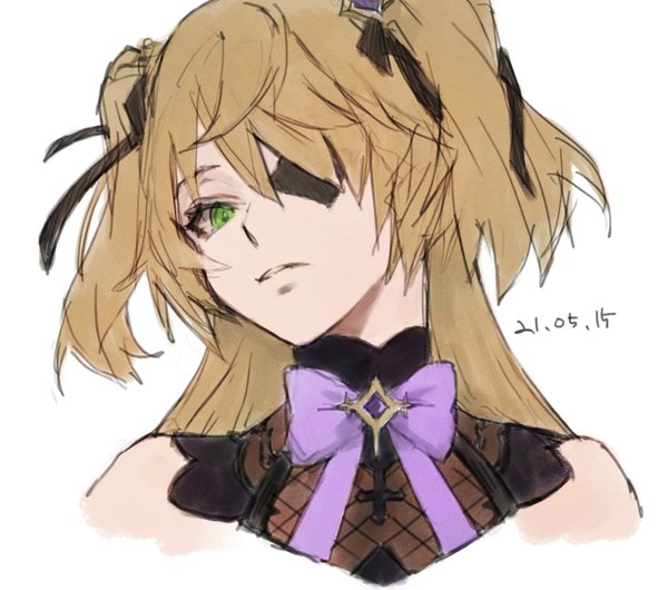 Anime picture 1317x1163 with genshin impact fischl (genshin impact) bisque single long hair looking at viewer simple background blonde hair white background green eyes upper body two side up turning head dated sketch girl ribbon (ribbons) hair ribbon bowtie eyepatch