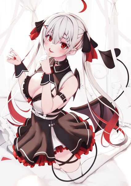 Anime picture 1254x1771 with original nyan (reinyan 007) single long hair tall image fringe breasts light erotic hair between eyes red eyes large breasts twintails cleavage silver hair ahoge tail nail polish multicolored hair two-tone hair finger to mouth