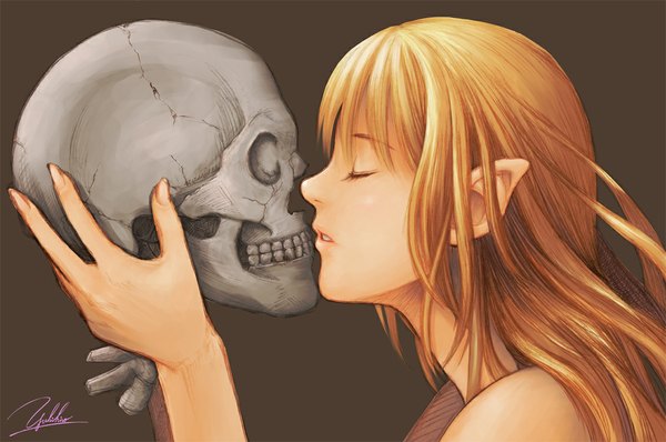 Anime picture 1130x750 with original yukihiro single long hair fringe simple background blonde hair hair between eyes bare shoulders holding signed upper body eyes closed profile pointy ears elf almost kiss girl skull