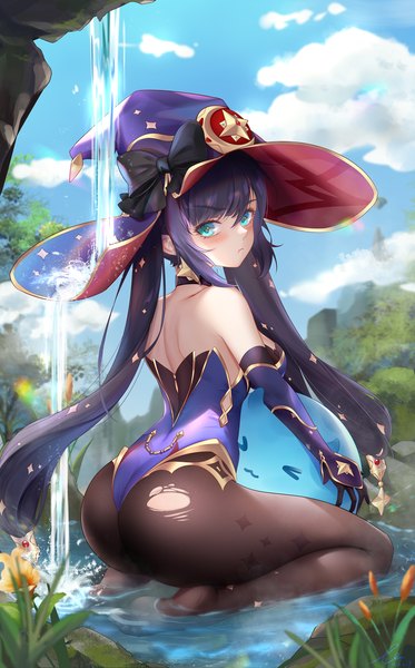 Anime picture 1280x2059 with genshin impact mona megistus slime (genshin impact) liu liaoliao single long hair tall image looking at viewer blush fringe breasts light erotic black hair hair between eyes twintails payot sky cloud (clouds) full body outdoors