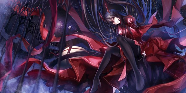 Anime picture 1800x900 with original skade single long hair highres black hair wide image sitting brown eyes horn (horns) oni horns space girl dress star (stars) cross fence