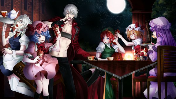 Anime picture 1920x1080 with devil may cry touhou flandre scarlet remilia scarlet izayoi sakuya patchouli knowledge hong meiling dante (devil may cry) torio k long hair blush highres short hair open mouth blue eyes blonde hair red eyes wide image sitting purple eyes
