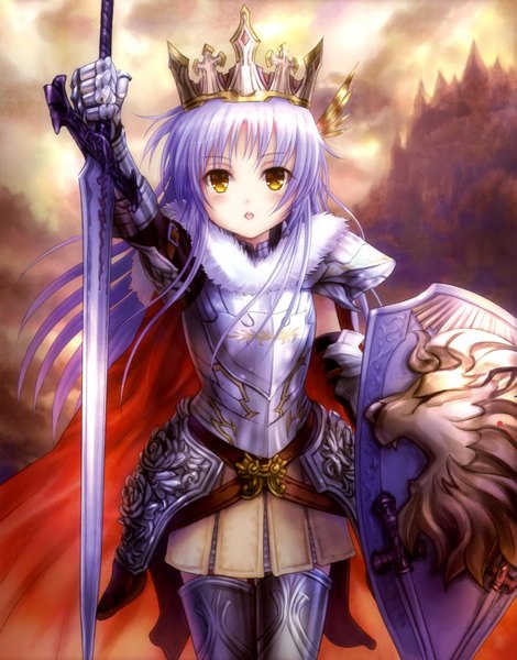 Anime picture 2374x3027 with angel beats! key (studio) tachibana kanade goto p single long hair tall image looking at viewer blush highres open mouth yellow eyes white hair scan official art girl weapon sword armor crown
