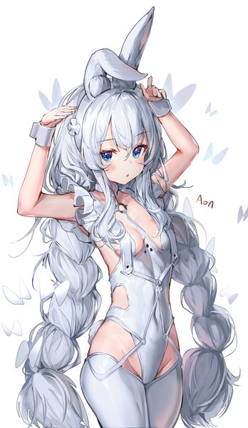 Anime picture 2582x4458 with azur lane le malin (azur lane) le malin (listless lapin) (azur lane) a (sofi3103) single tall image blush fringe highres breasts blue eyes light erotic simple background hair between eyes standing white background signed animal ears silver hair tail