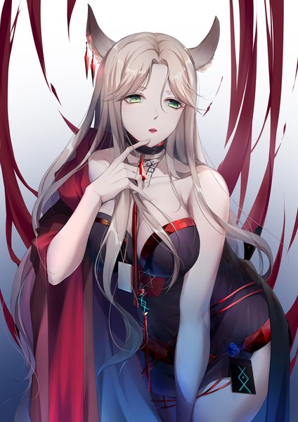 Anime picture 1600x2263 with arknights gitano (arknights) suyi-j single long hair tall image breasts light erotic blonde hair large breasts green eyes animal ears looking away lipstick finger to mouth red lipstick hexagram deer ears elite ii (arknights) girl