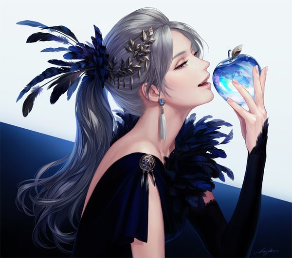 Anime picture 850x750 with original suda ayaka single long hair fringe open mouth red eyes holding signed looking away ponytail profile fingernails light smile lips grey hair girl hair ornament earrings feather (feathers)