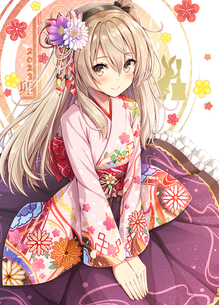 Anime picture 1510x2100 with girls und panzer shimada arisu akashio (loli ace) single long hair tall image looking at viewer blush fringe blonde hair smile hair between eyes brown eyes traditional clothes japanese clothes two side up new year 2023 girl hair ornament