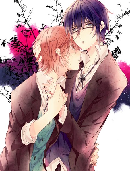 Anime picture 800x1050 with k-project gohands (studio) fushimi saruhiko misaki yata washi (micino) tall image looking at viewer short hair blue eyes red eyes purple hair red hair profile multiple boys hug holding hands shounen ai boy uniform school uniform