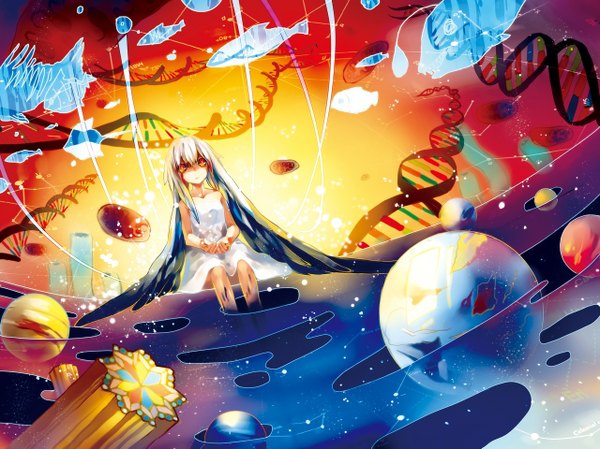 Anime picture 1280x959 with original pastazhou long hair looking at viewer red eyes sitting bare shoulders orange eyes space girl dress fish (fishes) planet