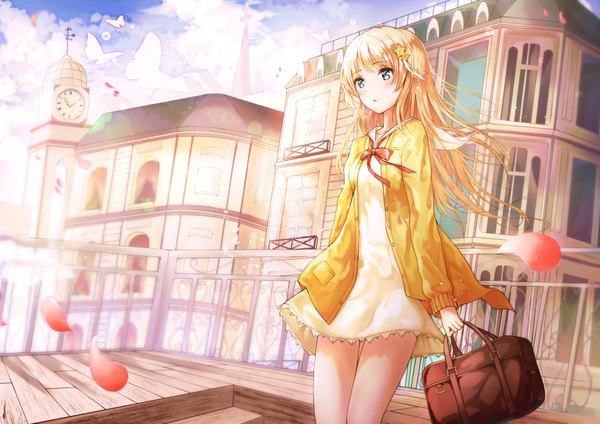 Anime picture 3684x2604 with original neiless neiro single long hair blush fringe highres open mouth blue eyes blonde hair standing holding green eyes looking away absurdres sky cloud (clouds) outdoors heterochromia city
