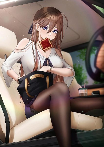 Anime picture 729x1024 with original nana (kurisustinah) expulse single long hair tall image blush fringe breasts blue eyes hair between eyes brown hair sitting bare shoulders holding mouth hold looking down eyeshadow makeup food in mouth