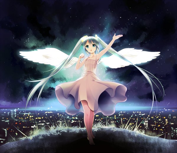 Anime picture 1209x1044 with vocaloid hatsune miku aaru single long hair looking at viewer open mouth standing twintails bare shoulders aqua eyes aqua hair night bare legs night sky outstretched arm city cityscape angel wings white wings