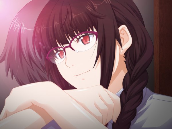 Anime picture 1024x768 with kansen5 (game) long hair black hair smile red eyes game cg braid (braids) girl glasses