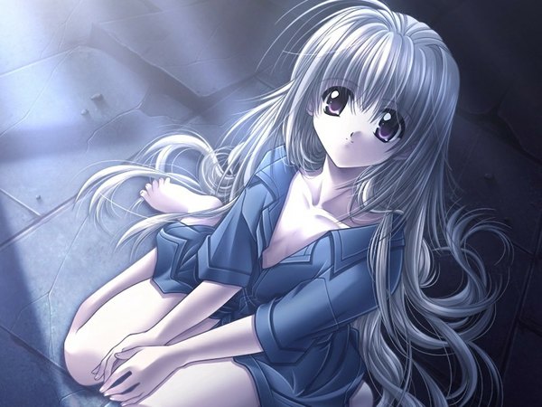 Anime picture 1024x768 with kaze no keishousha (game) purple eyes game cg white hair girl