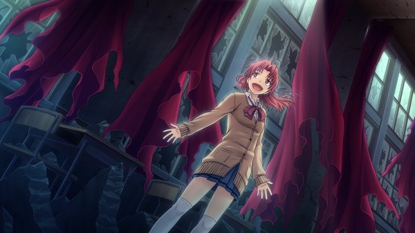 Anime picture 2048x1152 with tokyo babel long hair highres open mouth red eyes wide image game cg ponytail red hair ruins girl thighhighs uniform school uniform white thighhighs window sweater desk