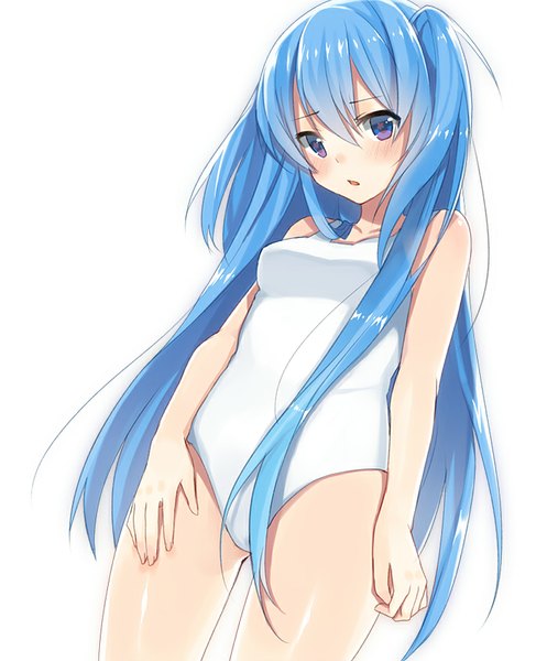 Anime picture 700x844 with original kurasawa moko single long hair tall image blush fringe blue eyes light erotic simple background white background twintails blue hair parted lips looking down symbol-shaped pupils girl swimsuit one-piece swimsuit white swimsuit