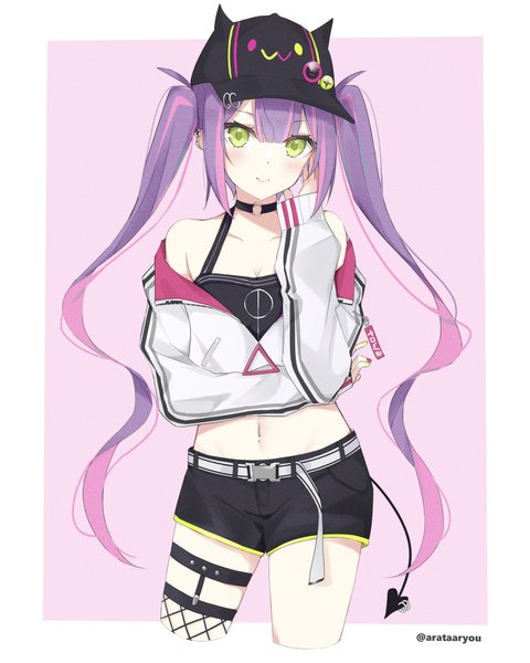 Anime picture 1950x2437 with virtual youtuber hololive tokoyami towa tokoyami towa (1st costume) arata ryou single long hair tall image looking at viewer highres simple background smile twintails green eyes signed purple hair tail midriff twitter username border