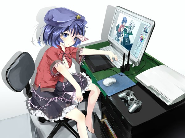 Anime picture 1500x1125 with touhou sony miyako yoshika gorilla (bun0615) goril.l.la single short hair blue eyes sitting blue hair girl dress star (symbol) chair flat cap monitor ofuda office chair playstation playstation 3