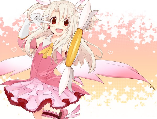 Anime picture 1374x1040 with fate (series) fate/kaleid liner prisma illya illyasviel von einzbern prisma illya magical ruby tousei single long hair looking at viewer blush open mouth red eyes white hair two side up girl dress gloves wings elbow gloves frills