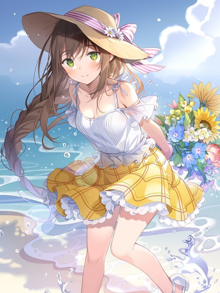 Anime picture 750x1000 with original rie (reverie) single long hair tall image looking at viewer blush fringe breasts smile hair between eyes brown hair standing bare shoulders holding green eyes payot sky cleavage cloud (clouds)
