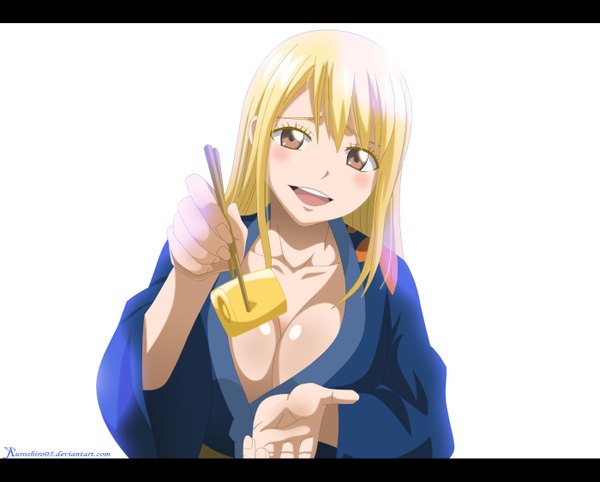 Anime picture 1400x1125 with fairy tail lucy heartfilia kuroshiro05 single long hair blush breasts open mouth light erotic blonde hair smile large breasts white background brown eyes japanese clothes coloring girl food kimono chopsticks