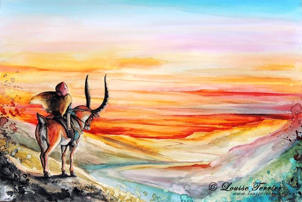 Anime picture 1254x841 with mononoke hime studio ghibli ashitaka louise terrier single sitting signed sky full body outdoors horn (horns) wind from behind sunlight back evening sunset mountain landscape river