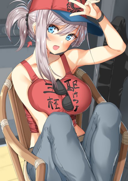 Anime picture 752x1062 with fate (series) fate/grand order miyamoto musashi (fate) body mahattaya ginga single long hair tall image looking at viewer blush fringe breasts open mouth blue eyes light erotic smile hair between eyes large breasts sitting :d arm up