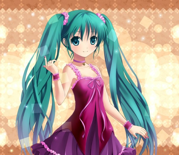 Anime picture 1155x1000 with vocaloid hatsune miku ginko (konekonoshippo) single looking at viewer twintails bare shoulders very long hair aqua eyes aqua hair girl dress frills sundress